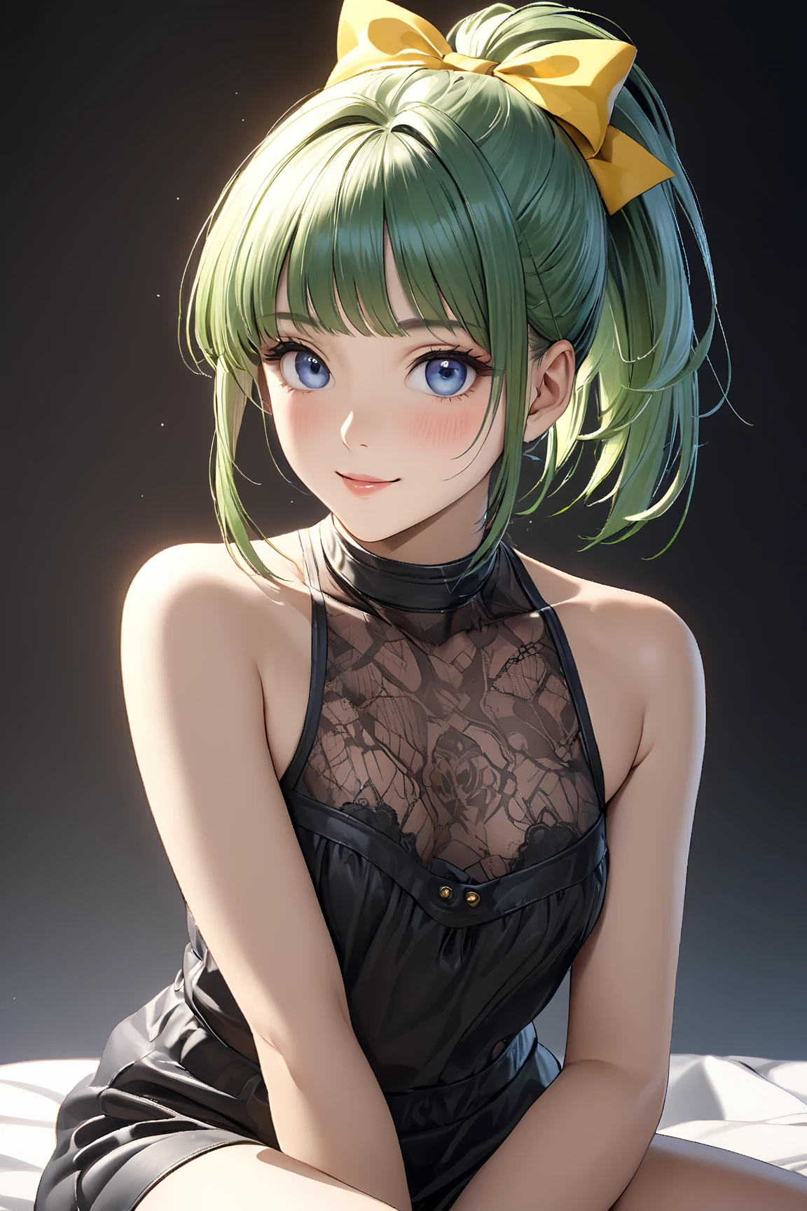 masterpiece,best quality,highly detailed,high resolution,4K,8K,super detailed skin,detailed beautiful eyes,detailed beautiful face,solo,DOA,Tamaki,official art,long eyelashes,dropping eyes,emerald green eyes,mole under eye, emerald green hair,short bob haircut,hairs between eyes,gigantic perky breasts,courtesan outfit,cleavage kimono,japanese hair ornaments,bare shoulders,