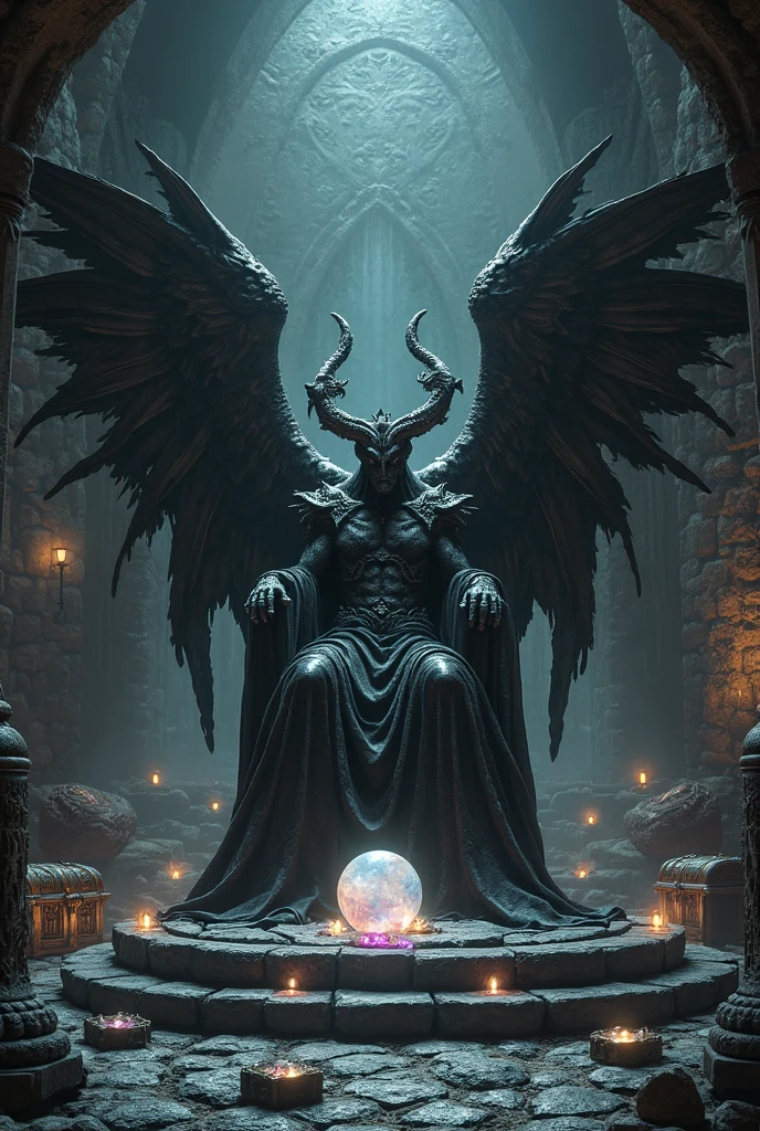 dark fantasy, 2d game art, stone devil animal with back wings, on the pedestal, from front, underground labyrinth entrance garden background with dusk, pencil fine art, oil painting coloring, catch light, dynamic pose, dark palette with rich colors, intricate detail texture, intricate detailed, tonal contrast, toon rendering, super fine illustration, ultra quality, best quality, high quality, insanely detailed, 16k, extremely detailed,