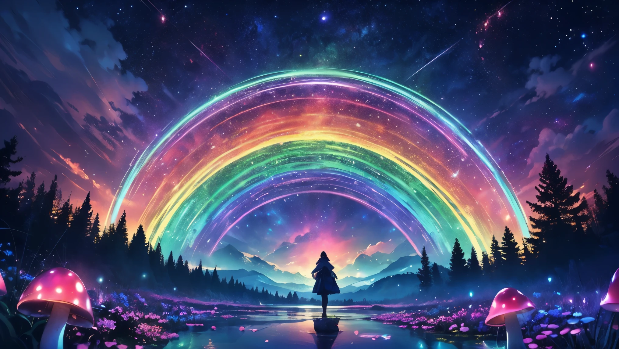 rainbow,超high image quality,high image quality,High quality DVD,Enchanting Mystical Forest , (Neon colored butterflies), Majestic Atmosphere , Clear Blue Water Fountains, Golden Mini Fairy, ((Fluorescent Mushrooms Glowing Pollen)), Very beautiful scenery , (super real), {Highly Detailed 8k CG Unit Wallpaper}, (Low Perspective Prioritizing the Overall Scene), (wide々field view ), (low angle shot),(Low light), (Warm Light Source : 1.0), Intricate Details, (Seven colors of the rainbow ), (bright light that emits bubbles), (Atmospheric lighting), nature, Magically Beautiful Scenery, landscape,三重のrainbow,