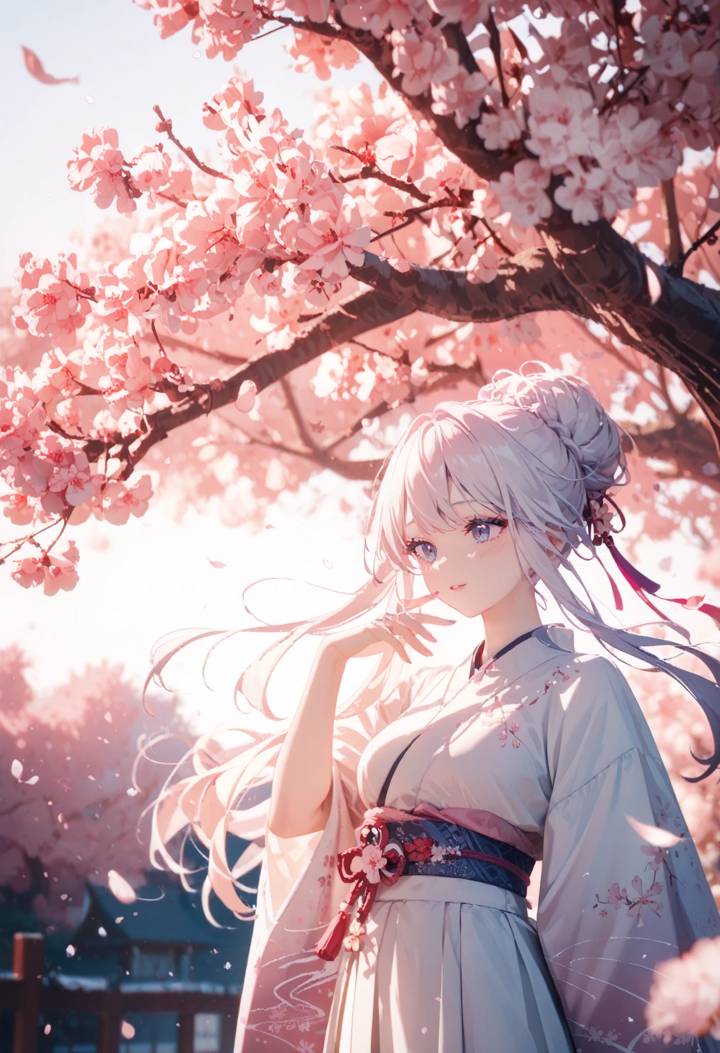 ((masterpiece)), accurate, textured skin, ((super detail)), high quality, high details, highres, best quality, A divine goddess of cherry blossoms in Eastern mythology, wearing a flowing sakura-colored kimono. Her long, silky hair is the soft pink shade of cherry blossoms. She stands gracefully in a serene landscape filled with fully bloomed cherry trees, celebrating the arrival of spring. A mystical morning mist envelops the scene, enhancing the ethereal atmosphere. Delicate cherry petals float gently through the air, illuminated by the soft, diffused morning light