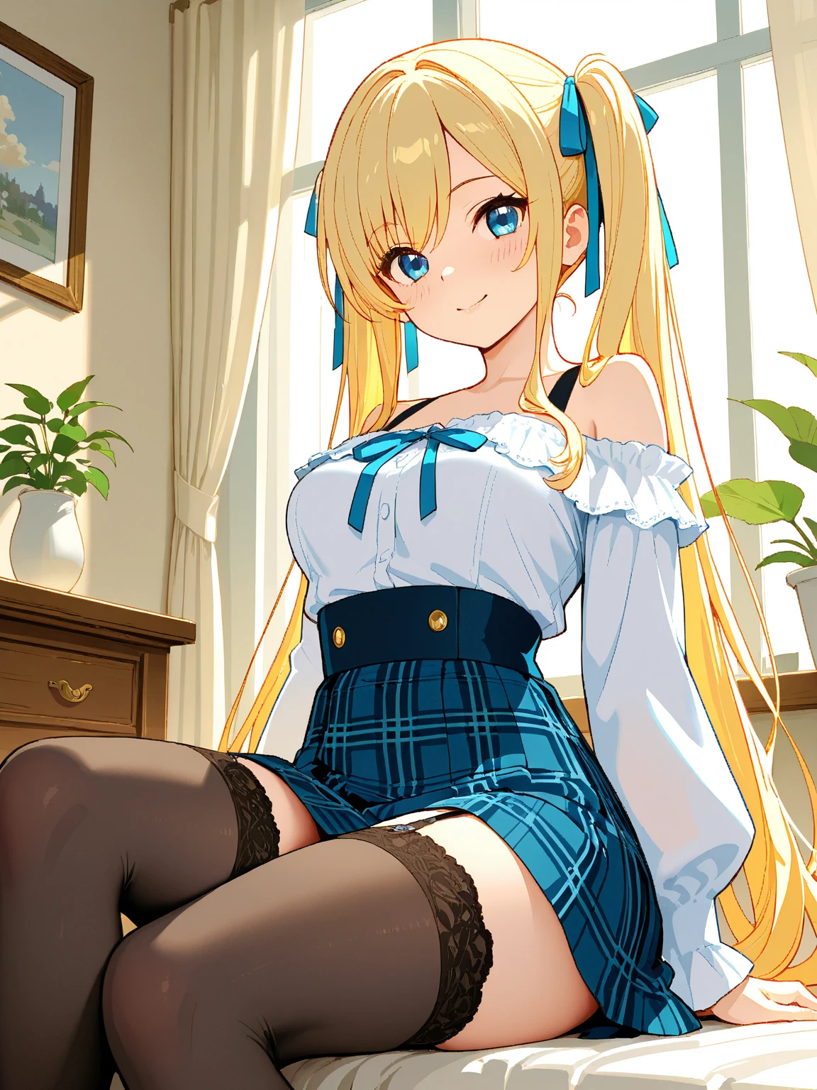 Anime cat girl with yellow hair and blue eyes