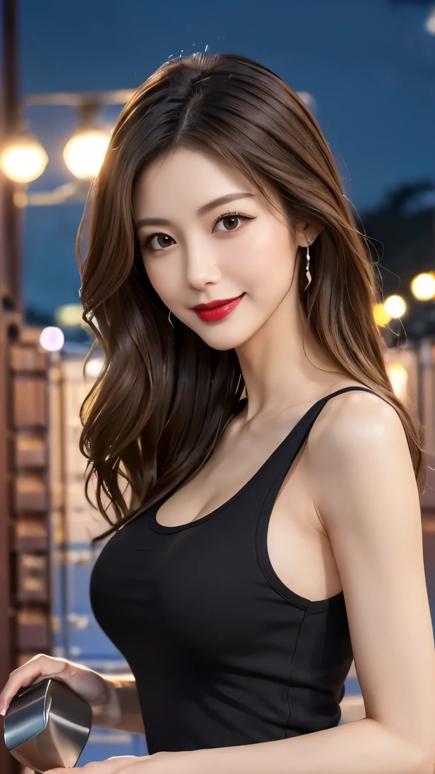  very detailed,  masterpiece ,  best quality , (( photorealistic:1.4)), ((skinny body:1.4))、(((Black Long Tank Top)))、30 year old Japanese fashion model  , detailed face  、((Makeup、lipstick)) 、((big breasts outdoors at night:1.4))、((light brown hair 、tousled wave long hair:1.3、 asymmetry)),  graceful and sophisticated 、((from waist to head with camera))、((fresh smile))、((professional cool lighting))、((container storage:1.2))、from the side