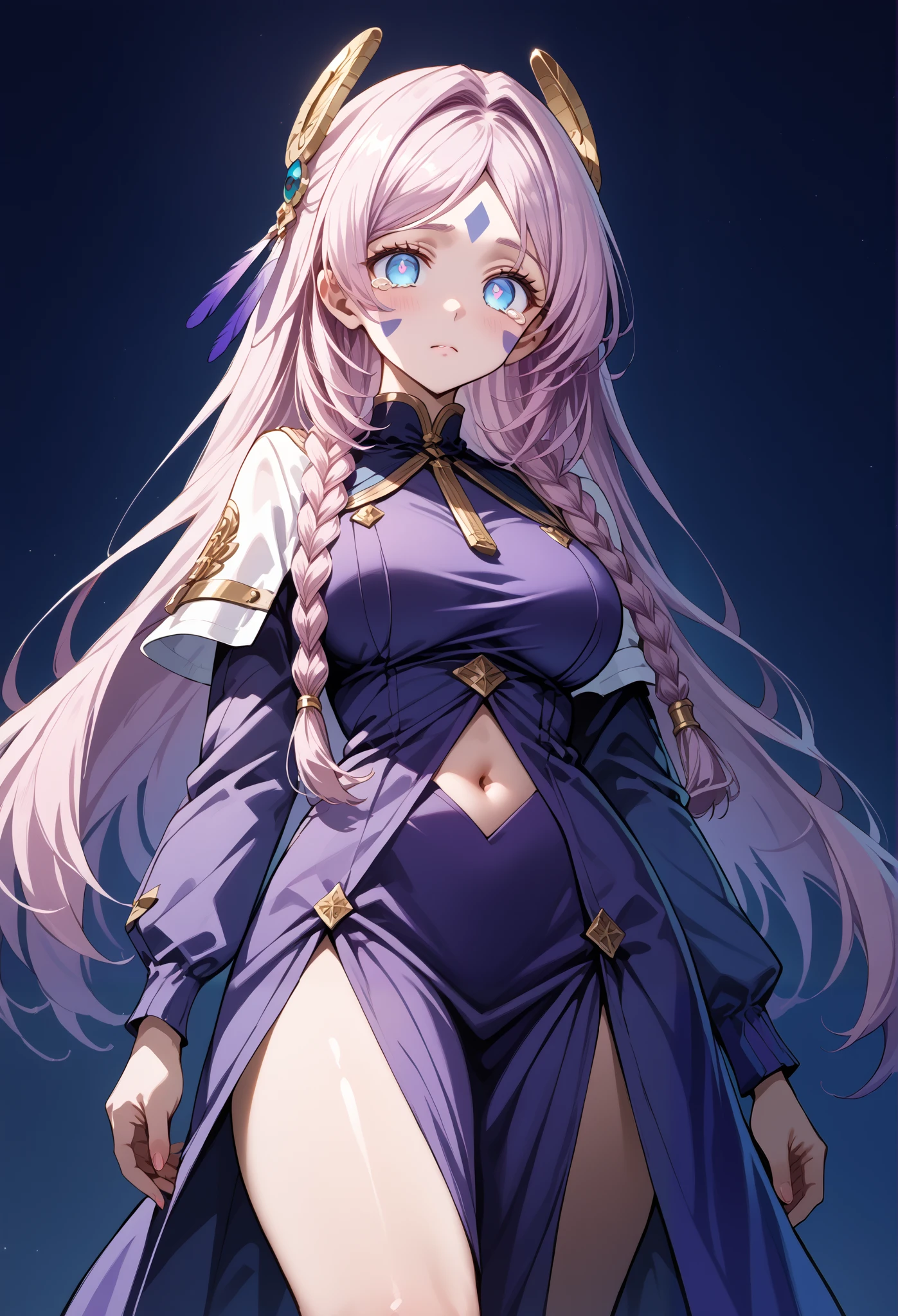 score_9, score_8_up, score_7_up, source_anime, 4K,perfect fingers,(perfect hands, perfect anatomy),prefect lighting, very aesthetic, intricate details,highly detailed background, masterpiece, high quality, best quality,
citlali, blue eyes, bright pupils, facial mark, long hair, multicolored hair, pink hair, purple hair, hair intakes, braid, twin braids, parted bangs, hair ornament,Large Breast
wearing ((purple dress with a gold-colored trim on the neckline,)),,
empty eyes , Walking, , bare-skin, navel, the groin,((white plain background)), blank look, solo, Peeing, crying,