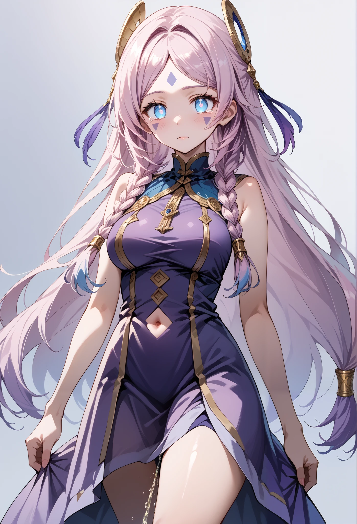 score_9, score_8_up, score_7_up, source_anime, 4K,perfect fingers,(perfect hands, perfect anatomy),prefect lighting, very aesthetic, intricate details,highly detailed background, masterpiece, high quality, best quality,
citlali, blue eyes, bright pupils, facial mark, long hair, multicolored hair, pink hair, purple hair, hair intakes, braid, twin braids, parted bangs, hair ornament,Large Breast
wearing ((purple dress with a gold-colored trim on the neckline,)),,
empty eyes , Walking, , bare-skin, navel, the groin,((white plain background)), blank look, solo, Peeing, crying,