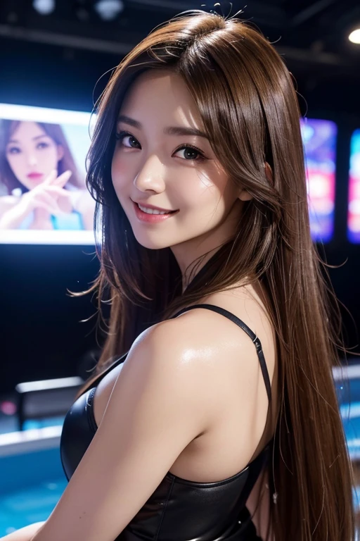 Highest quality, figure, Super detailed, In detail, High resolution, 32k wallpapers, Perfect dynamic composition, Beautiful attention to detail, Random top model dresses,Long Curly Hair, Center of chest,Big beautiful cat-like eyes, Cute Button Nose, Small and fairly full lips, Thick eyebrows and long, beautiful eyelashes. Transparent throughout makeup, Paint your cheeks pink,Dark eyeliner,Lip gloss makes it sparkle. Random sexy poses,smile,white and clean teeth,(full body shot),Influencer,Randomly placed spots(on stage)
