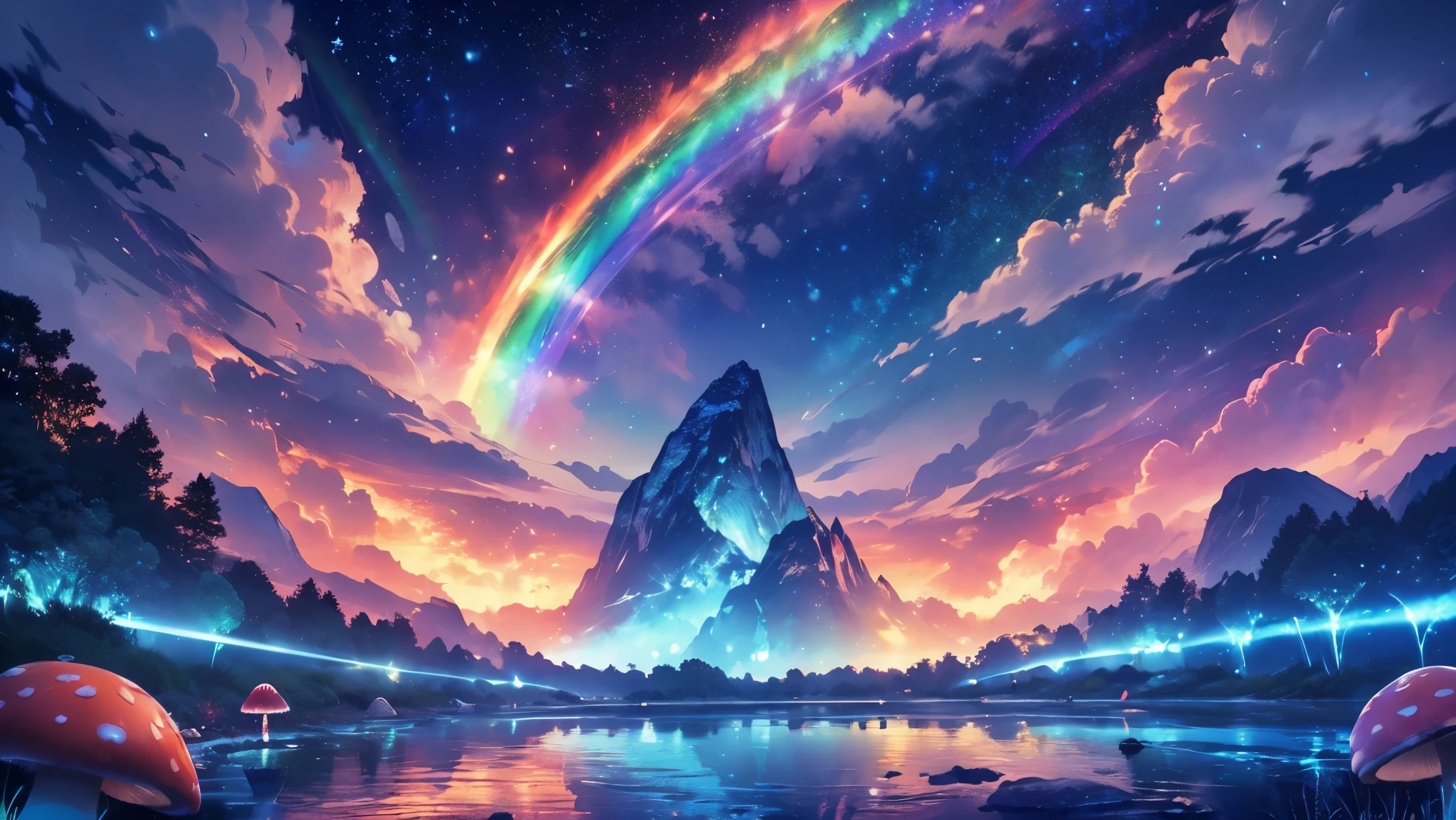 rainbow,超high image quality,high image quality,high quality DVD,Enchanted Mysterious Forest , (Lots of neon colored butterflies),Majestic Atmosphere, Pure blue water river fountain, Golden Mini Fairy, (((Many mushrooms that emit fluorescent blue light release glowing pollen))), Extremely beautiful scenery , (Super Real), {Highly Detailed 8k CG Unit Wallpaper}, (Low Perspective Prioritizing the Overall Scene), (Wide々A view of the field ), (low angle shot),(lowlight), (Warm Light Source : 1.0), Intricate Details, (((Seven colors of the rainbow ))), (bright light that emits bubbles), (Atmosphere lighting), nature, Magically Beautiful Scenery, landscape,((Triple Overlapping Rainbows)),
