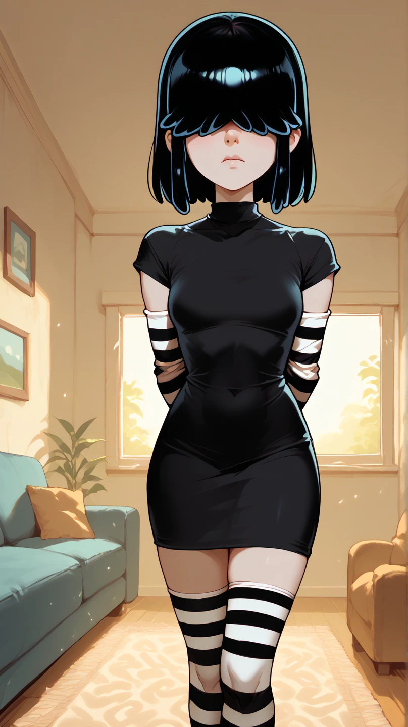 1girl, lucy loud, black dress, hair over eyes, striped pantyhose, living room, indoors, black hair, from behind, happy, stripe arm sleeves, standing, cowboy shot, thick thighs, (masterpiece, best quality)),(complex light), 1girl ,solo, full body, lucy loud, hair over eyes, black dress, striped pantyhouse, blush, big ass, smile
