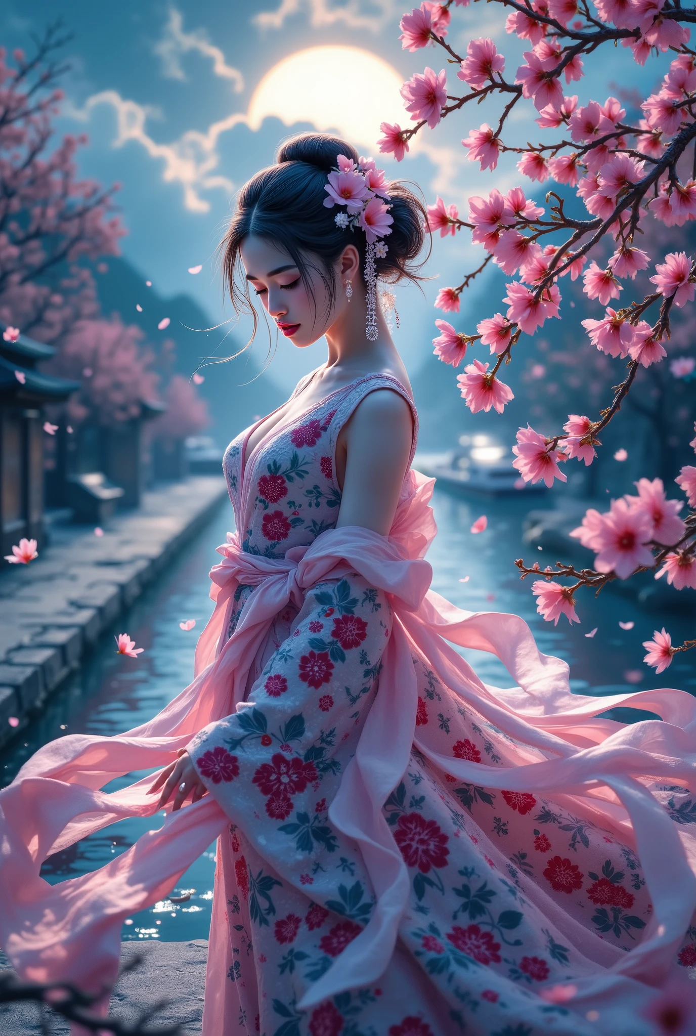 Konohananosakuya-hime,female deity,long flowing kimono,elegant posture,serene expression,beautifully decorated hair ornaments,surrounded by cherry blossoms,twilight sky background,dramatic lighting,intricate patterns,vibrant colors,cinematic composition,ukiyo-e style,traditional japanese art,digital painting,8K,hyperdetailed,masterpiece,volumetric lighting,vibrant colors,dramatic shadows