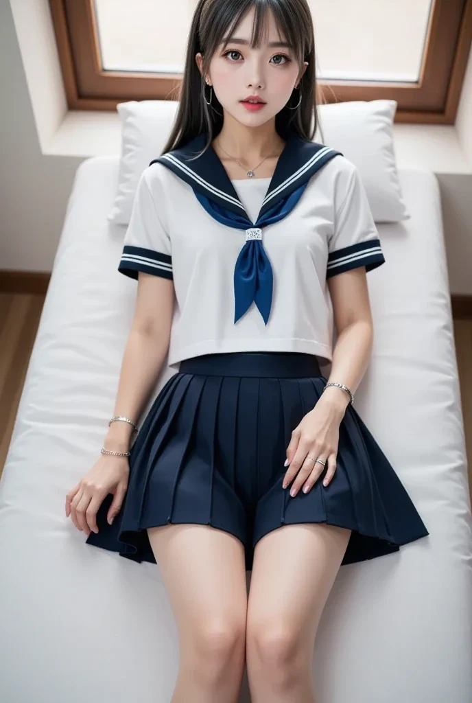 1 young girl,very cute and beautiful japanese teen actress,highly detailed beautiful face, looking at viewer,smile,happy,sailor school uniform,navy blue pleated mini skirt,zettai ryouiki, sitting on bed sheet,hotel bedroom in tokyo,window,town,bag, solo,real person,photorealistic,8k,raw photo,
