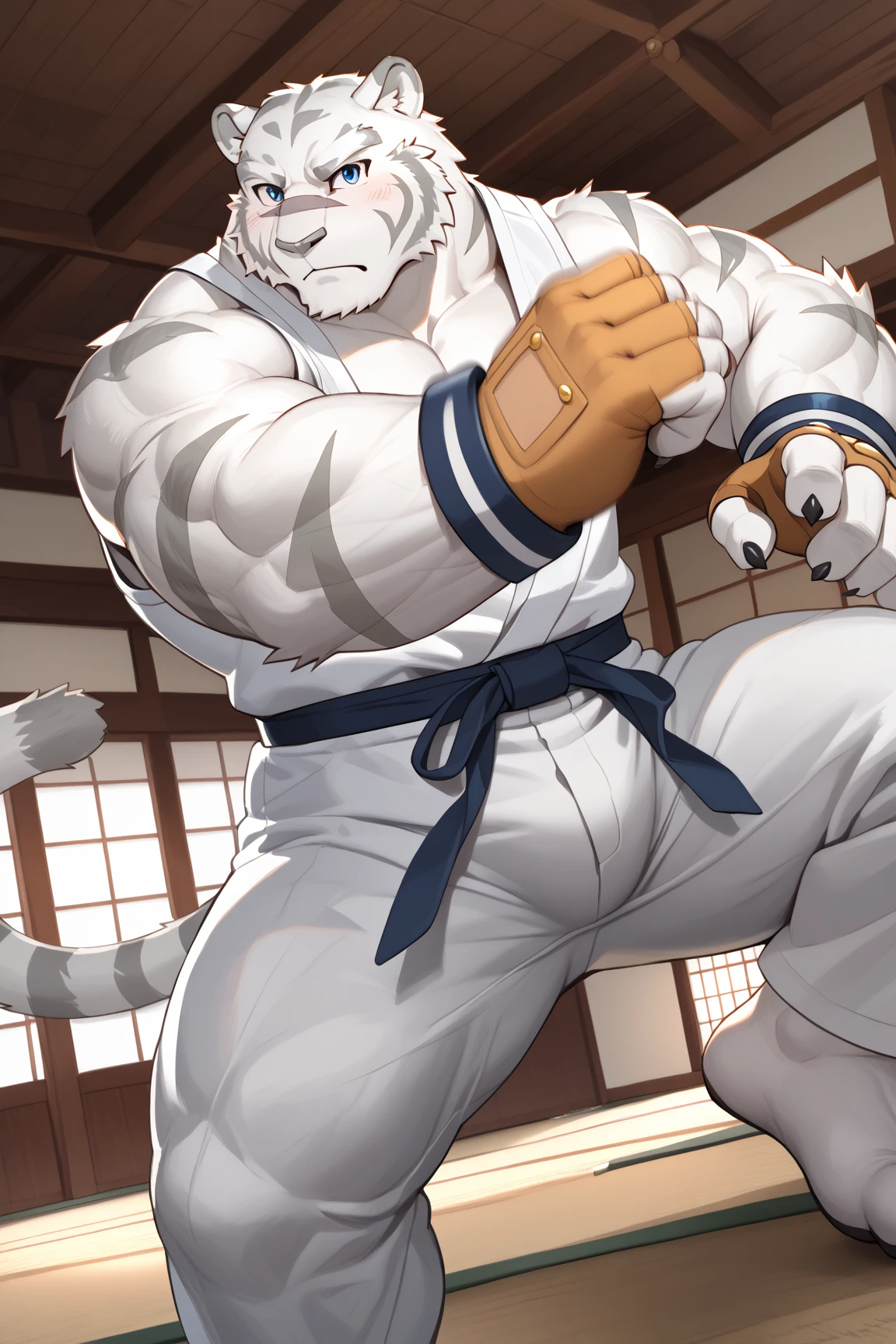 ((1boy solo, tiger)), (chubby:1.5, bara:1.5, stocky:1.2), ((white judo gi, long pants, fingerless gloves, buzz cut)), ((dougi)), barefoot, full body shot, ((cool, cute, awesome)), (chubby_face:0.8)