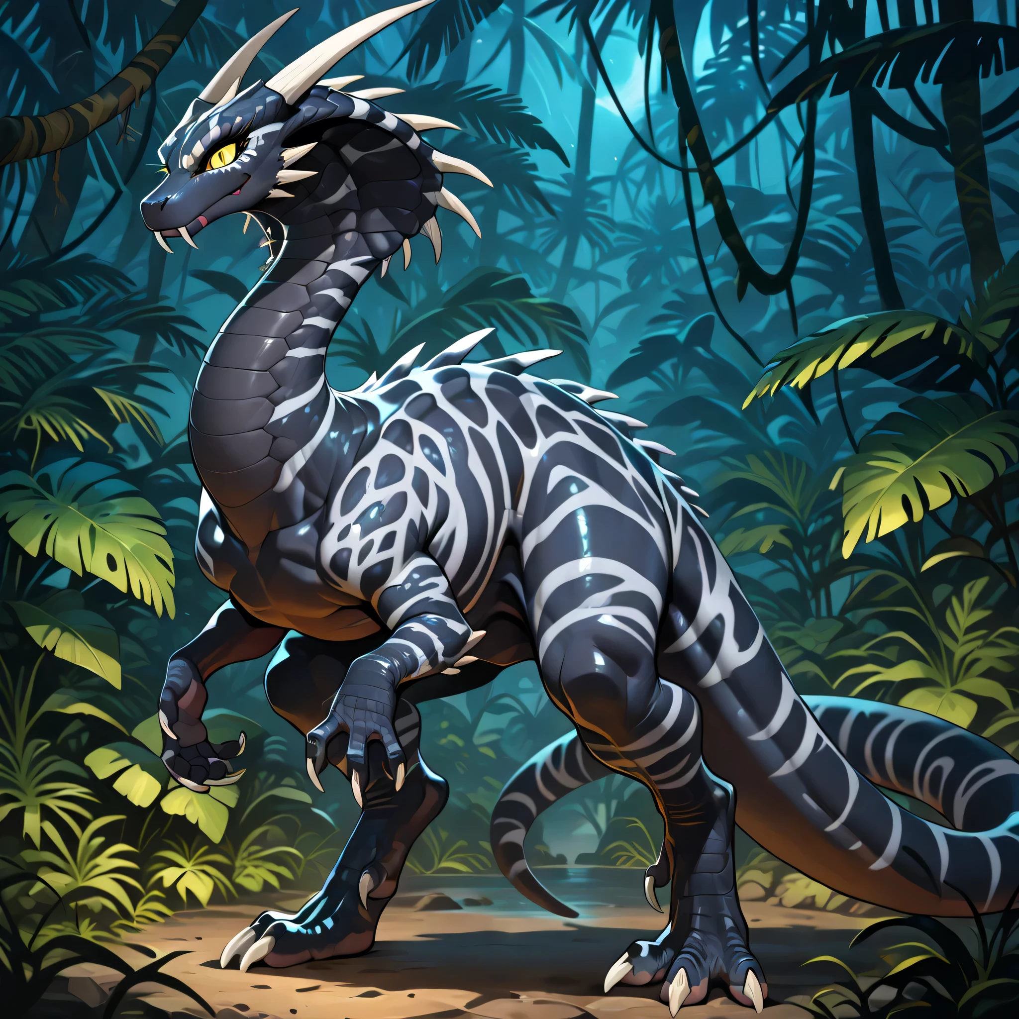 masterpiece, best quality, anime style, anime shading, full body picture, centered, female dinosaur, cobra, monstrous body shape, vertigo, yellow eyes, black scaled body, dark grey striped body, white claws, horns, fangs, ((neutral expression)), digitigrade legs, ((jungle background at night)), score_9_up, score_8_up, score_7_up, score_6_up, score_5_up