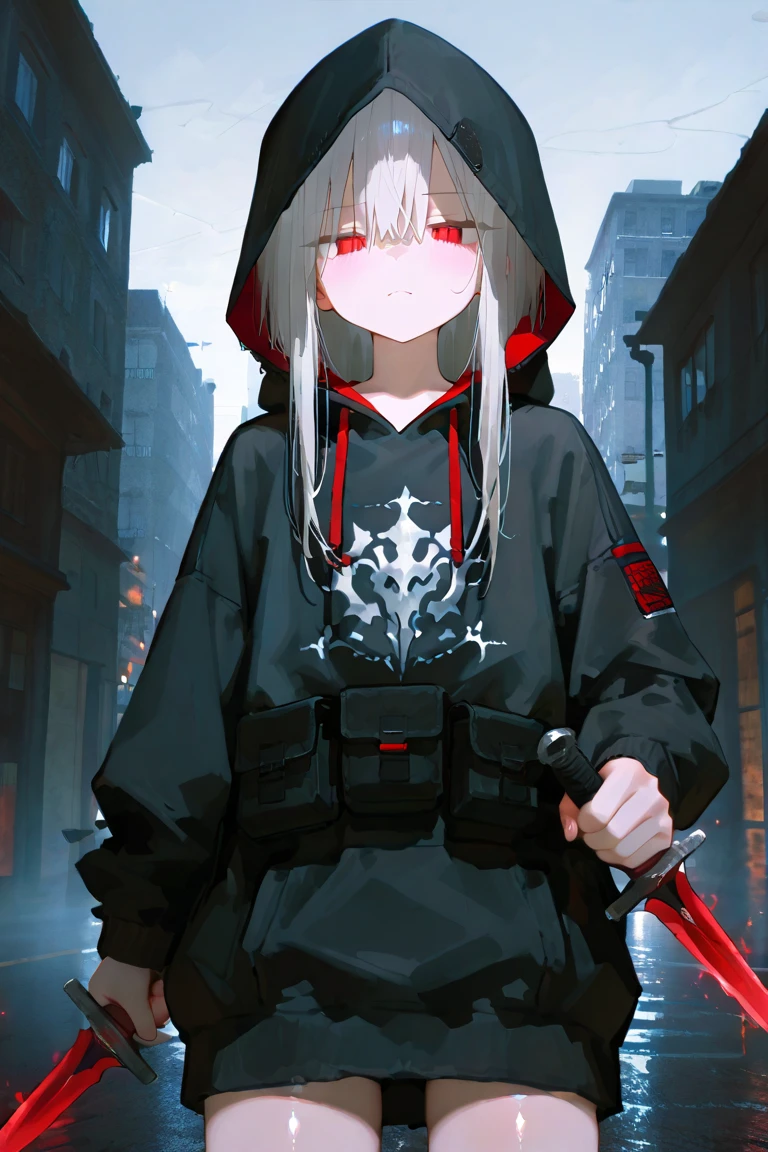 masterpiece, best quality, illustration, science fiction, black red theme, 1girl, looking down at viewer, hands in pockets, skinny, detailed messy grey hair, glowing red eyes, black techwear coat, black mouth mask, wire, cable, (backlighting)