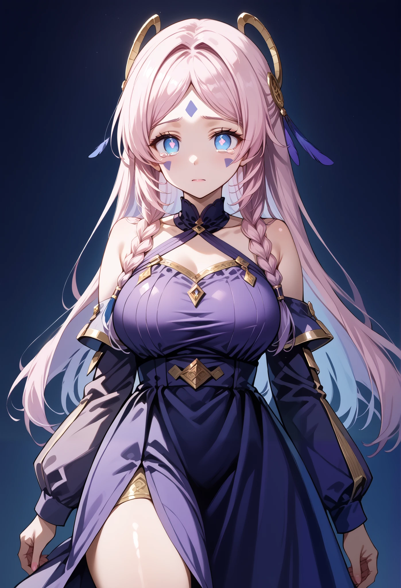 score_9, score_8_up, score_7_up, source_anime, 4K,perfect fingers,(perfect hands, perfect anatomy),prefect lighting, very aesthetic, intricate details,highly detailed background, masterpiece, high quality, best quality,
citlali, blue eyes, bright pupils, facial mark, long hair, multicolored hair, pink hair, purple hair, hair intakes, braid, twin braids, parted bangs, hair ornament,Large Breast
wearing ((purple dress with a gold-colored trim on the neckline, dress a halter-style neckline with a sheer, black-and-gold patterned overlay, )),,
empty eyes , Walking, , bare-skin, the groin,((white plain background)), blank look, solo, crying,