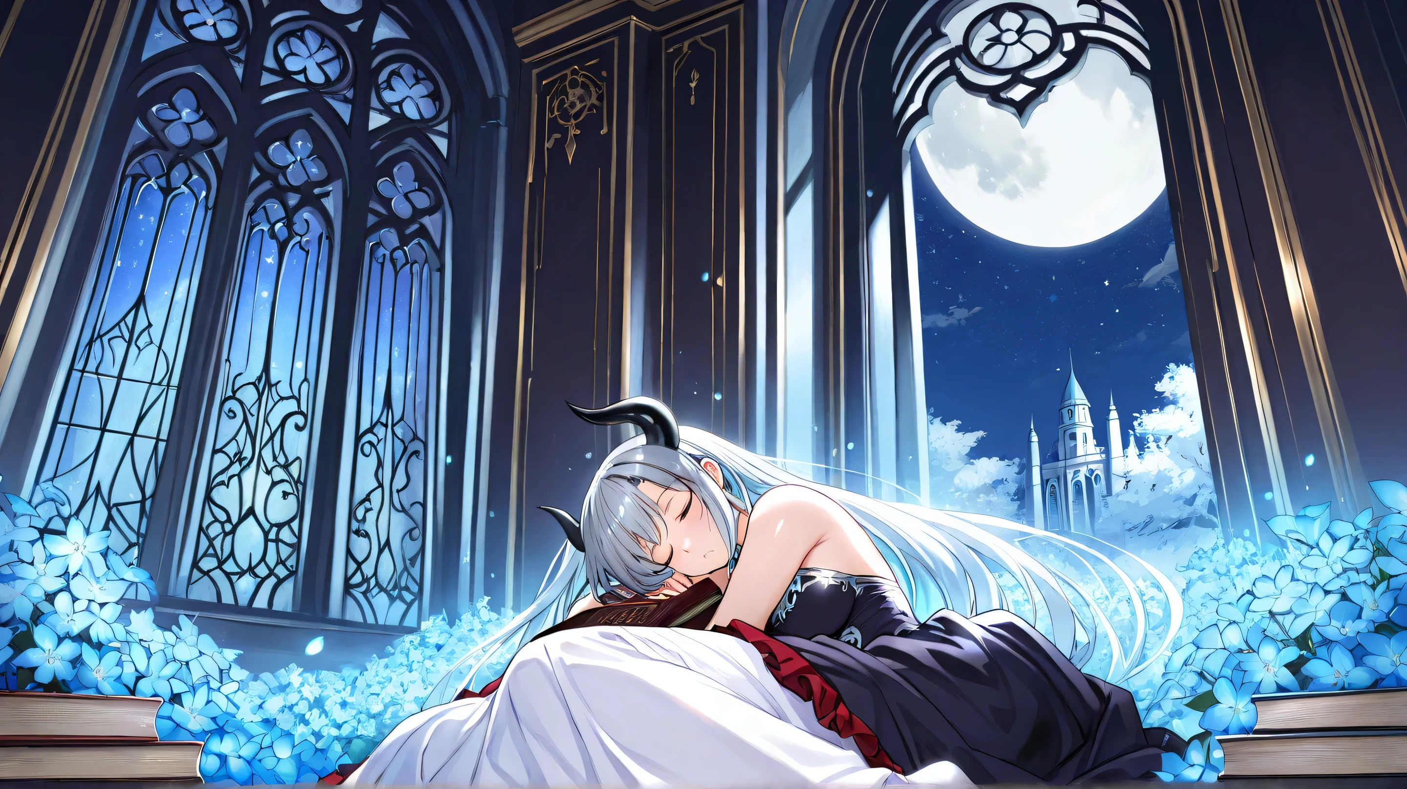 Masterpiece, Best Quality, Top Quality, Very Detailed, 1 girl, Beautiful anime girl with gray hair, black horns, wearing detailed fantasy dress, peacefully sleeping in a mystical library surrounded by stacks of ancient books, glowing blue flowers, ornate oriental architecture, full moon and starry night sky visible through large open window, red cherry blossom branches framing the scene, magical atmosphere, soft glowing lights, ethereal particles in the air