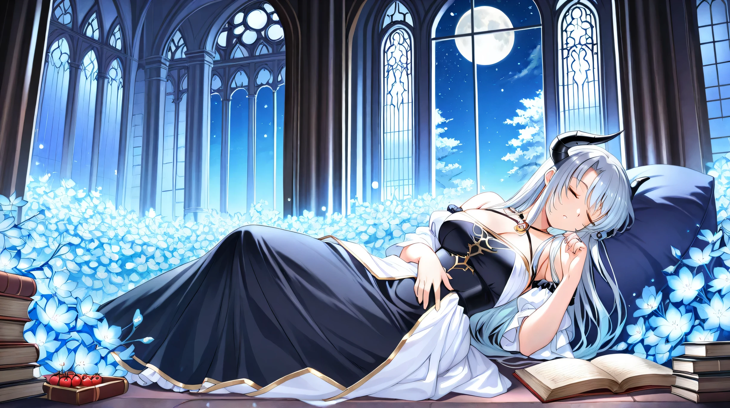 Masterpiece, Best Quality, Top Quality, Very Detailed, 1 girl, Beautiful anime girl with gray hair, black horns, wearing detailed fantasy dress, peacefully sleeping in a mystical library surrounded by stacks of ancient books, glowing blue flowers, ornate oriental architecture, full moon and starry night sky visible through large open window, red cherry blossom branches framing the scene, magical atmosphere, soft glowing lights, ethereal particles in the air