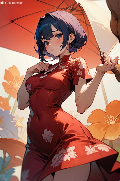 female dancer, silk cheongsam, no underwear, small breast, perfect body shape, mage, sakura pattern, holding old umbrella, upstair pose, happy face, wind effect, 22 years old, wet
