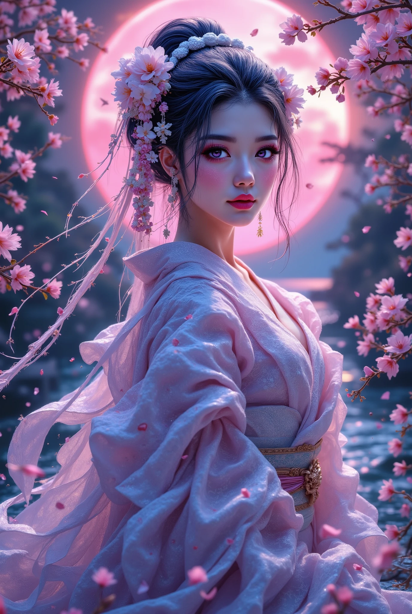 Konohananosakuya-hime,female deity,long flowing kimono,elegant posture,serene expression,beautifully decorated hair ornaments,surrounded by cherry blossoms,twilight sky background,dramatic lighting,intricate patterns,vibrant colors,cinematic composition,ukiyo-e style,traditional japanese art,digital painting,8K,hyperdetailed,masterpiece,volumetric lighting,vibrant colors,dramatic shadows