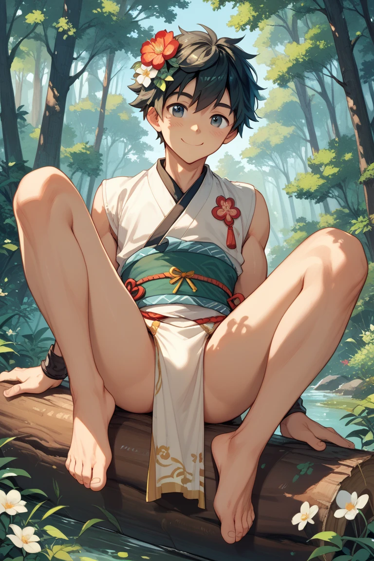a 7 year old japanese boy, short hair, cute smiling face, traditional japanese loincloth outfit