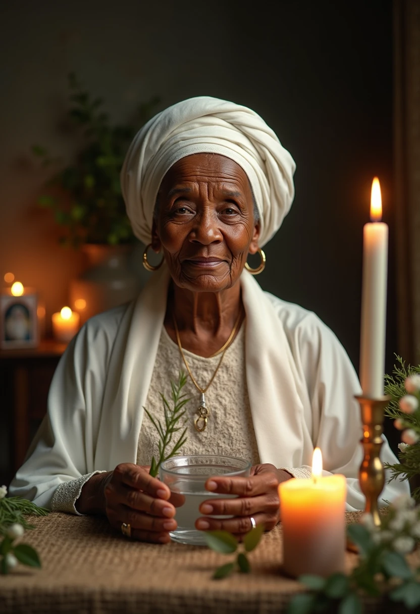 hyper-realistic photo or highly detailed cinematic portrait of an elderly black woman with age-marked skin, deep wrinkles and a serene and welcoming expression. Her gaze conveys wisdom and peace. She is seated on a simple wooden chair, with a dignified and calm posture.
The soft, warm lighting comes from the candles around her, creating a realistic play of light and shadow, highlighting the contours of her face and hands. Her face is clearly marked by time, with wrinkles developed around her eyes, mouth and forehead, highlighting her life and experience.
She wears traditional white clothing, richly elaborated with delicate lace, and a flawless white turban that wraps around her head, subtly reflecting the light of the candles. Her hands are aged, with realistic textures, visible veins and **five well-defined fingers on each hand**. She carefully holds a sprig of fresh rue and a small container of consecrated water, which reflects the golden light around her.
The surrounding area is decorated with aromatic herbs, white flowers and a small wooden table containing images of saints and spiritual guidance. The background is dark and softly blurred (**bokeh effect**), highlighting the central figure. A soft volumetric light effect surrounds the scene, creating a golden and white aura around it, reinforcing the spirituality of the composition. The scene is captured with **professional framing, 50mm or 85mm lens**, with **sharp focus on the face and hands**, while the background maintains an artistic blur. The colorization follows a cinematic style, mixing warm tones of the candles with cool and soft shadows, creating a harmonious and natural contrast. The atmosphere conveys deep spirituality, peace and a strong connection with ancestral forces.