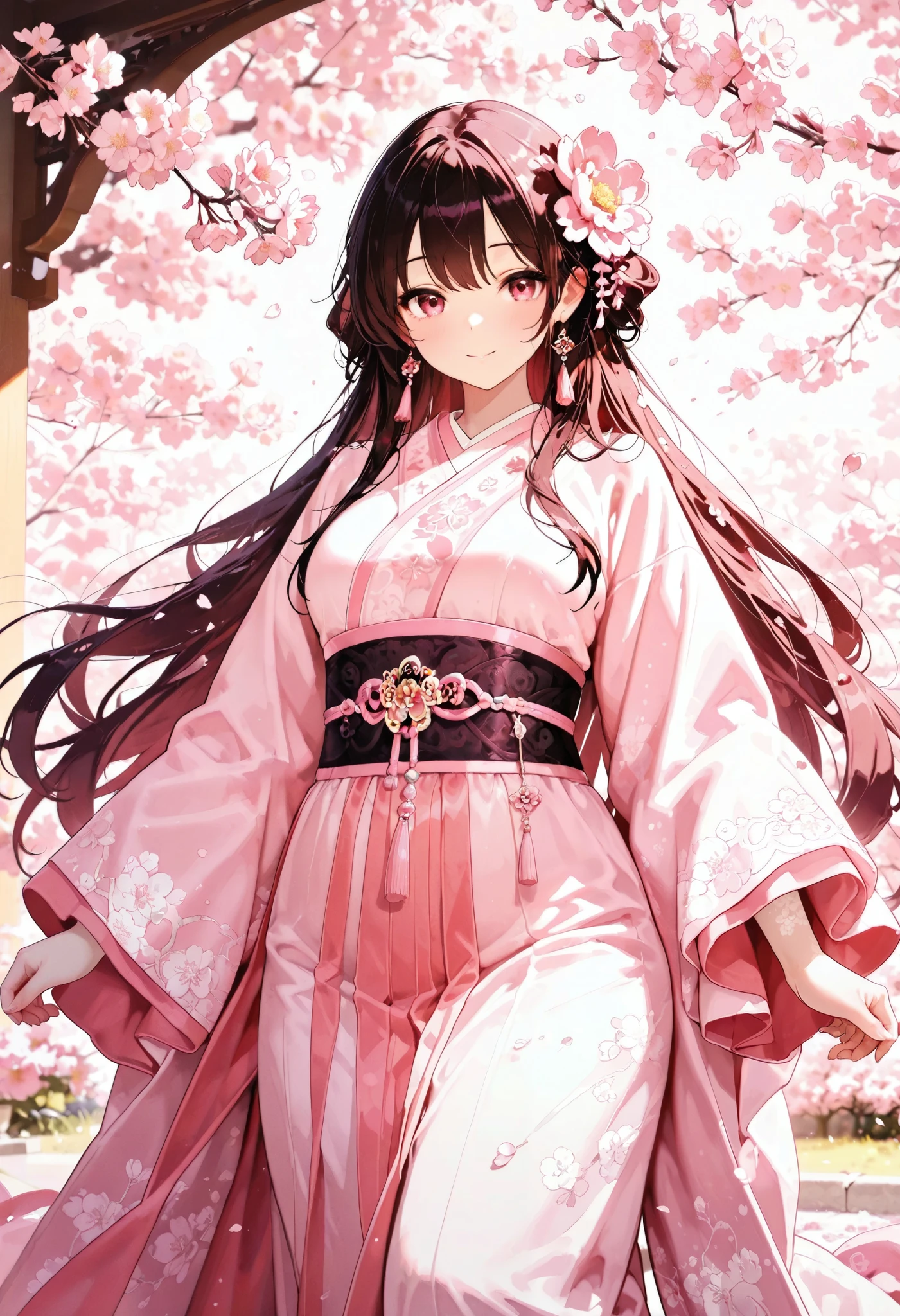 ((masterpiece)), accurate, textured skin, ((super detail)), high quality, high details, highres, best quality, A divine goddess of cherry blossoms in Eastern mythology, wearing a flowing sakura-colored kimono. Her long, silky hair is the soft pink shade of cherry blossoms. She stands gracefully in a serene landscape filled with fully bloomed cherry trees, celebrating the arrival of spring. A mystical morning mist envelops the scene, enhancing the ethereal atmosphere. Delicate cherry petals float gently through the air, illuminated by the soft, diffused morning light