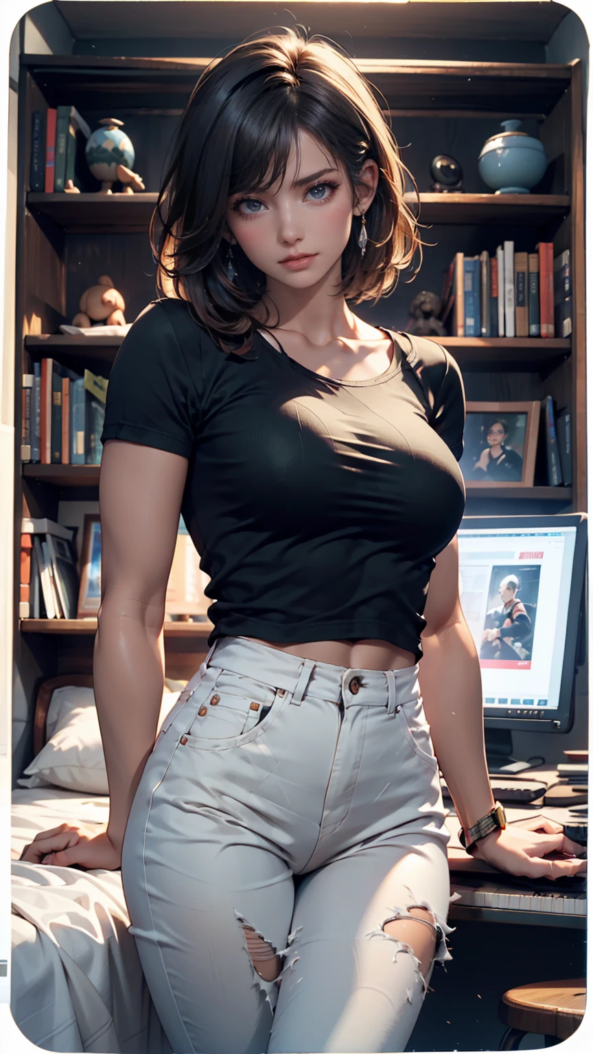 Highest quality, One girl, ((View your viewers)), Dark blue hair, Iris, Very short hair, Spiky Hair, Ahoge, T-Shirts, High Waist Jeans, 171cm, Messy Hair, Hair between the eyes, Medium chest, Large Breasts, Plump, Dark Skin, Tomboy, Adult, 20-year-old, One girl, alone, only, Grin, Wide Hips, Thighs, Are standing, Messy room, Bedroom, shelf, dvd, Book, video game, computer, cd, record, VHS Tape