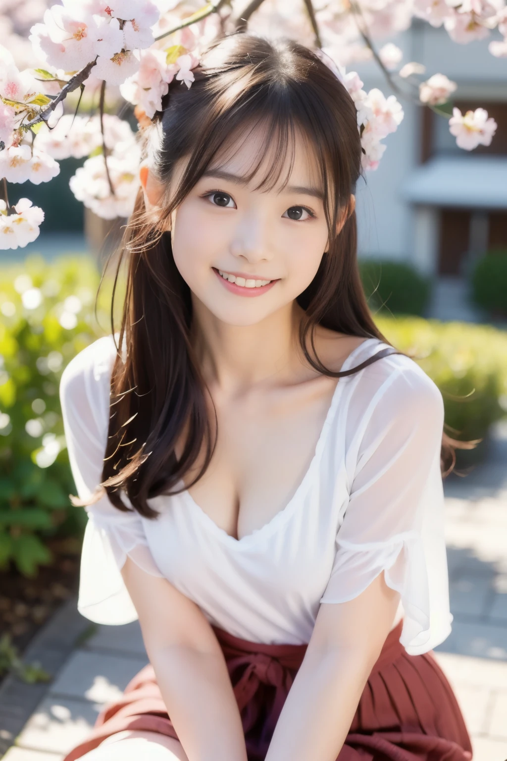 A 21-year-old woman with a very cute idol-like face who looks .、Gentle and cute、A kind smile、彼女は全naked、Sitting on a picnic sheet in a park with beautiful cherry blossoms、smaller bust、naked、Whole body、Raw photo、Real、Genuine、High definition、Real Life、Do not display any text, marks or copyrights on the image.