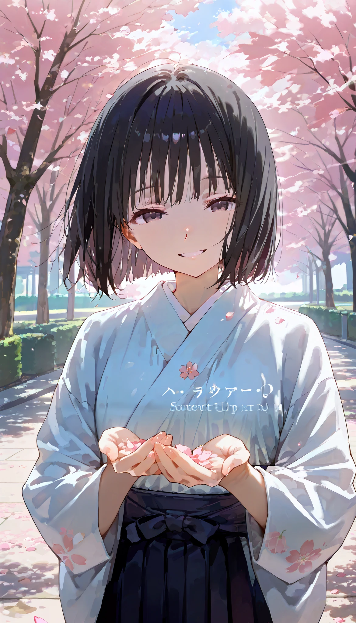 score_9, score_8_up, score_7_up, source_Genuine, rating_safe, High Resolution Image, Masterpiece, Top Quality, Amazing Quality, Extremely Detailed, Exquisite Detail, Sharp Detail, Sharp Focus, Professional Writing, Woman in Japanese Clothing, Dark Hair, Pale Skin, Black Hair, Clean Bob, Bangs, Detailed Face, Detailed Eyes, Polished Nose, Smiling, Looking at the Viewer, Perfect Hands, Perfect Anatomy, (Park, Cherry Blossom Tree, Cherry Blossom Petals Fluttering in the Wind)