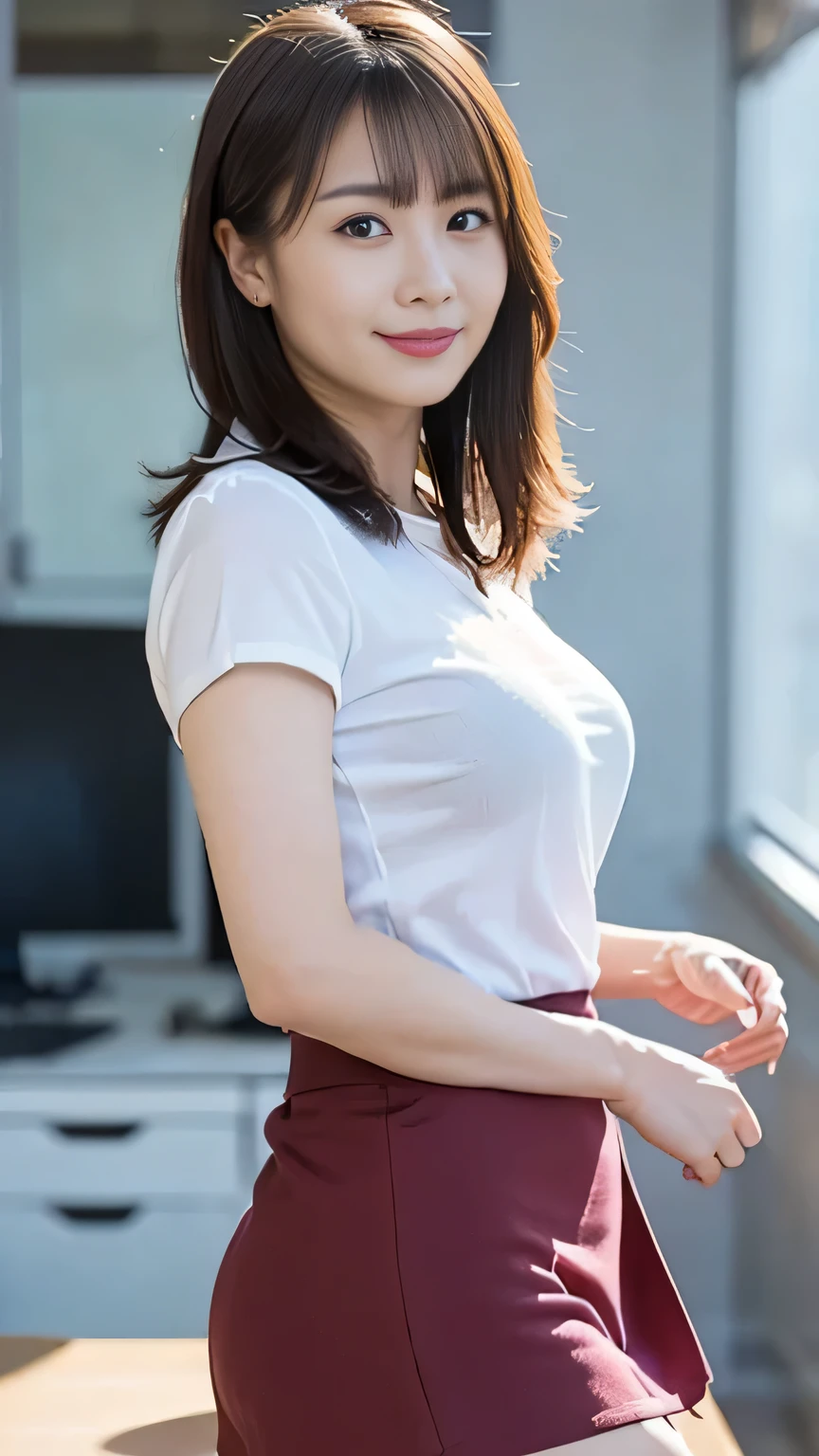 Best Quality, masterpiece, Beautiful Japanese Women, ((30's, Office compatible, tight short skirt))), (((39 years old))), ((Inside the office)), Big Breasts