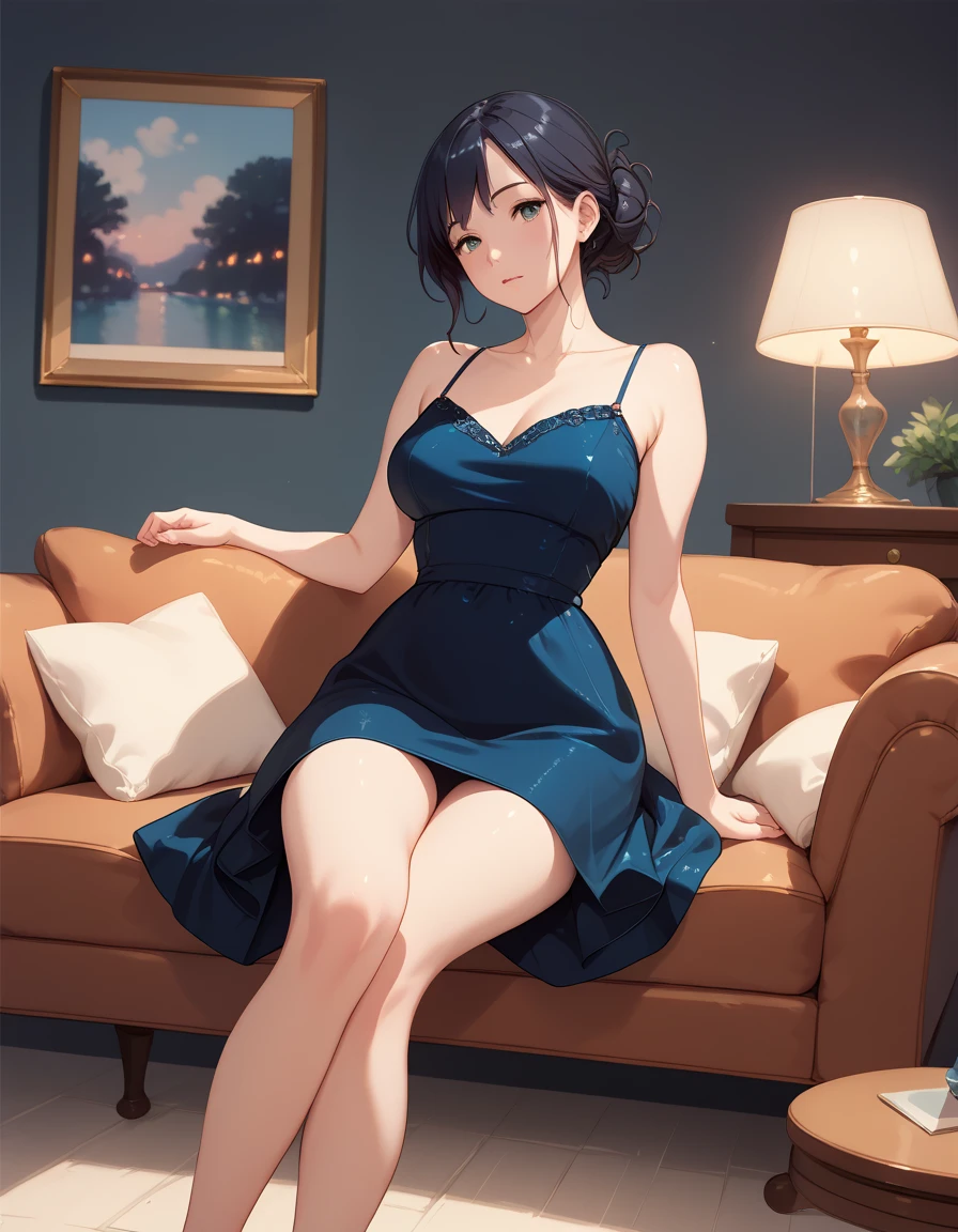 (masterpiece, best quality), 1girl, <lora:diaphanous_dress-1.0-full:1> diaphanous dress, sitting, couch, luxurious inside,
