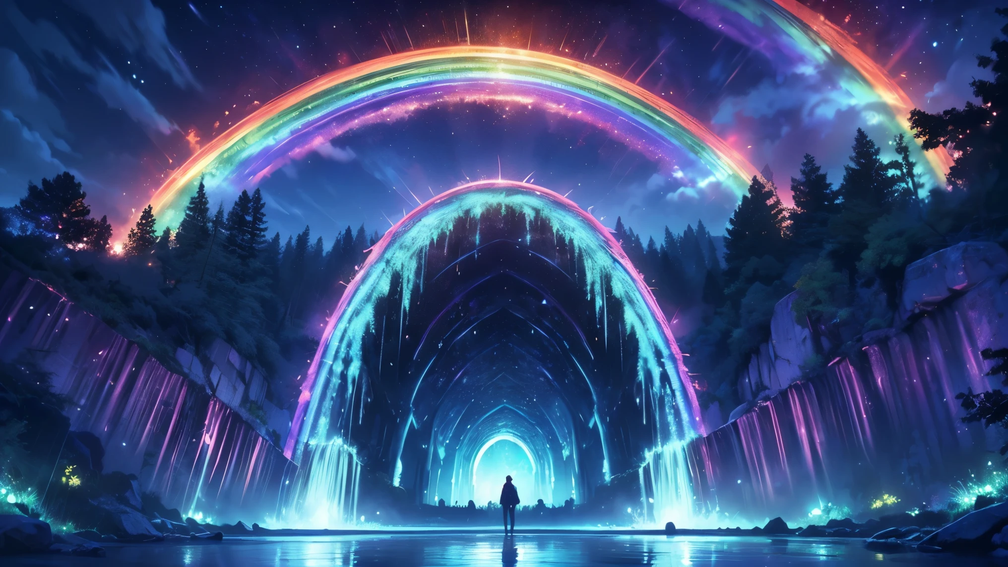 rainbow,超high image quality,high image quality,high quality DVD,Enchanted Mysterious Forest , (Lots of neon colored butterflies),Majestic Atmosphere, Pure blue water river fountain, Golden Mini Fairy, (((emits fluorescent blue, lots of succinants Agave glows))), Extremely beautiful scenery , (Super Real), {Highly Detailed 8k CG Unit Wallpaper}, (Low Perspective Prioritizing the Overall Scene), (Wide々A view of the field ), (low angle shot),(lowlight), (Warm Light Source : 1.0), Intricate Details, (((Seven colors of the rainbow ))), (bright light that emits bubbles), (Atmosphere lighting), nature, Magically Beautiful Scenery, landscape,((Triple Overlapping Rainbows)),