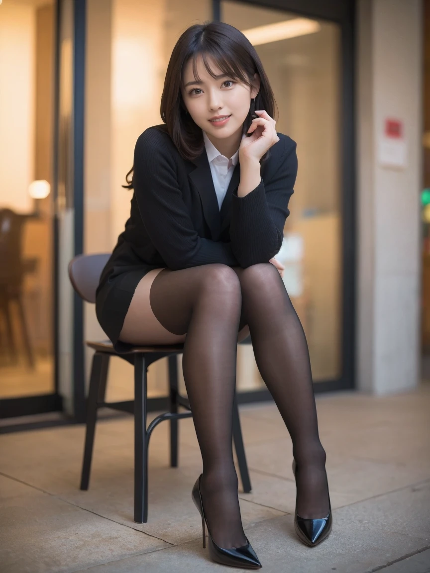 (Only one person), Pure Young Japanese girl, sexual attractive, wearing business suits, high heels, formal makeup, formal Hairstyles, sweet smile, natural body, beautiful legs, (pantyhose), sitting, dazzling sunlight, Professional Portrait Photography、
