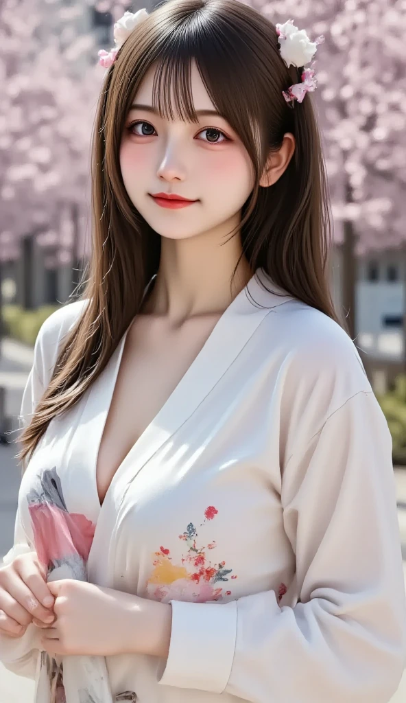(​masterpiece)、(top-quality)、(Realistic)、Charming daughter、Portrait of a beautiful girl、1girl in、Beautiful clear eyes and detailed eyes、Glitter eyes、Shining Ace Perfect、Perfect eyes、Perfect iris、Perfect lips、perfect teeth、flawless skin、Beautiful nose、Beautiful mouth、beautiful lip skin、portrait shooting、Professional artwork、in 8K、Photorealsitic、luxurious embroidery kimono、Elegant face、perfect anatomia、Perfect female body:1.4、Ultra-realistic painting:1.4、Ultra-precision painting:1.4、nffsw:1.4、corporate offices、Raw photography、a necklace、耳环、magnifica、Breast size is F cup