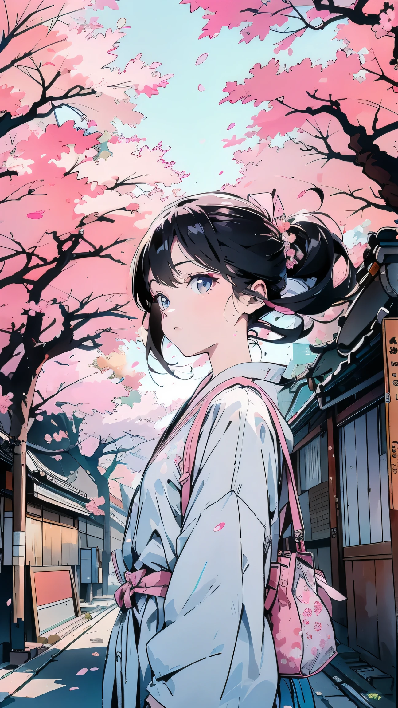 A fashionable girl walking along the Meguro River in Tokyo during cherry blossom season, holding a tote bag and wearing headphones, soft pink petals falling, urban and natural blend --v 5 --ar 4:5 --style poetic