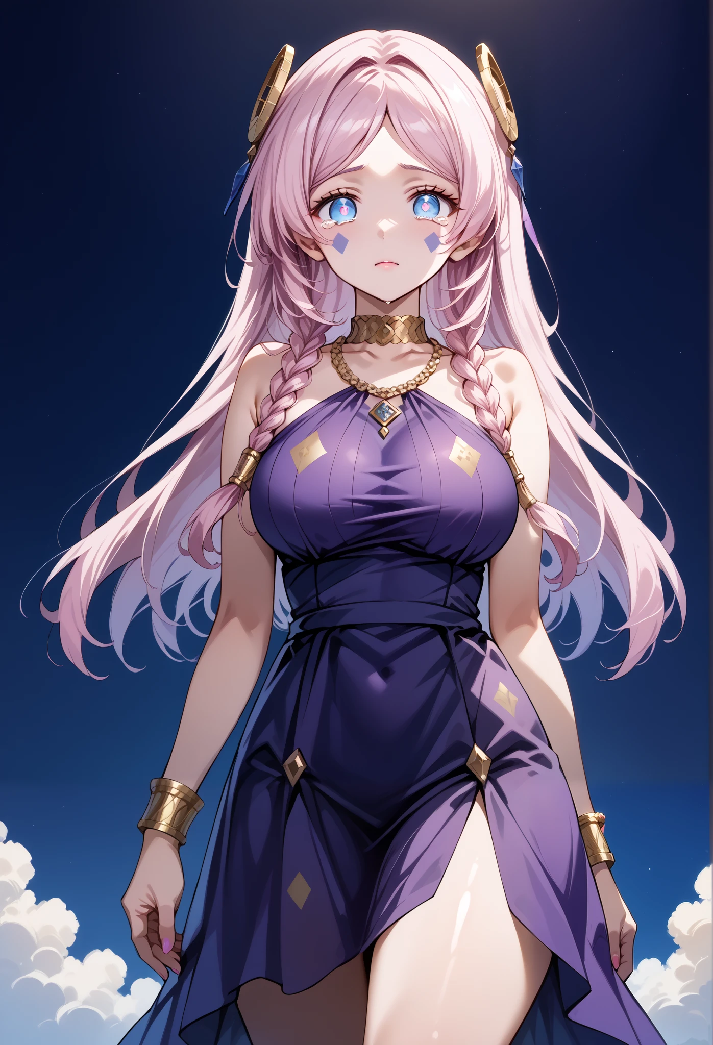 score_9, score_8_up, score_7_up, source_anime, 4K,perfect fingers,(perfect hands, perfect anatomy),prefect lighting, very aesthetic, intricate details,highly detailed background, masterpiece, high quality, best quality,
citlali, blue eyes, bright pupils, facial mark, long hair, multicolored hair, pink hair, purple hair, hair intakes, braid, twin braids, parted bangs, hair ornament,Large Breast
wearing ((purple dress with a gold-colored trim on the neckline, dress a halter-style neckline with a sheer, black-and-gold patterned overlay, gold-colored choker and a pearl necklace are visible, )),,
empty eyes , Walking, , bare-skin, the groin,((white plain background)), blank look, solo, crying,