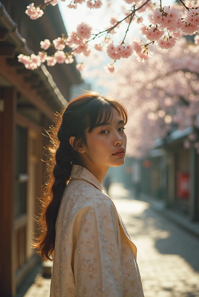 Portrait Photography, film grain，Retro light and shadow_Film Tones, Spring , cherry blossom trees ，cherry blossoms falling，Japanese streets，Wooden buildings, a slim woman, 1980s Vintage Fashion，Highlight the subject ,  backlit, lens spot，best quality 、 masterpiece、High sensitivity、 high resolution 、8k，realistic，