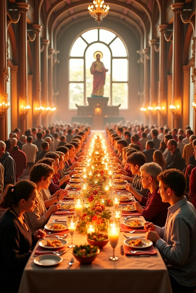Jesus Christ sitting in front of a large banquet table in heaven, with various kinds of people sitting around