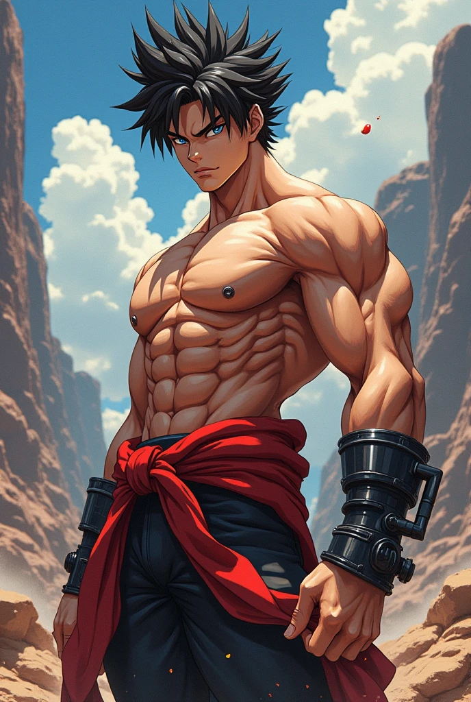 young guy, short black hair, cat ears, red eyes, open chest, muscles, claws, tattoo, scraps, camouflage pants, burns, fire, smile, masterpiece, high quality
