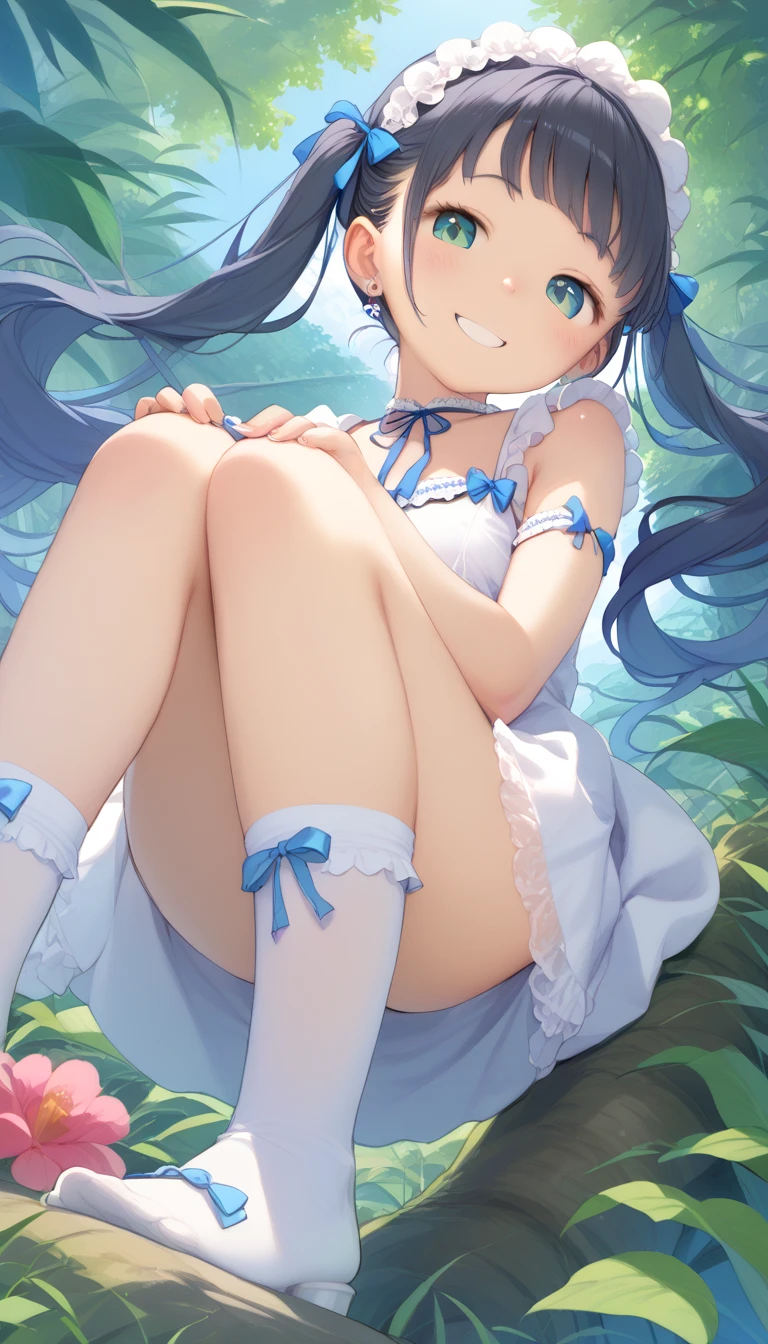 (masterpiece:1.2), best quality, high resolution, unity 8k wallpaper, (illustration:0.8), (beautiful detailed eyes:1.6), extremely detailed face, perfect lighting, extremely detailed CG, (nymph \(sora no otoshimono\), , blue hair, long hair, twintails, blue eyes, short stature, small breast, solo,), sitting, spread legs, no bra, show off nipple, nipple, torn clothes, open-breast clothes, very short skirt, lift skirt, torn skirt, white panties, torn panties, vagina, gleaming skin, moist skin, embarrassed, open mouth, noon, in the park, from below, looking at viewer, troubled face,