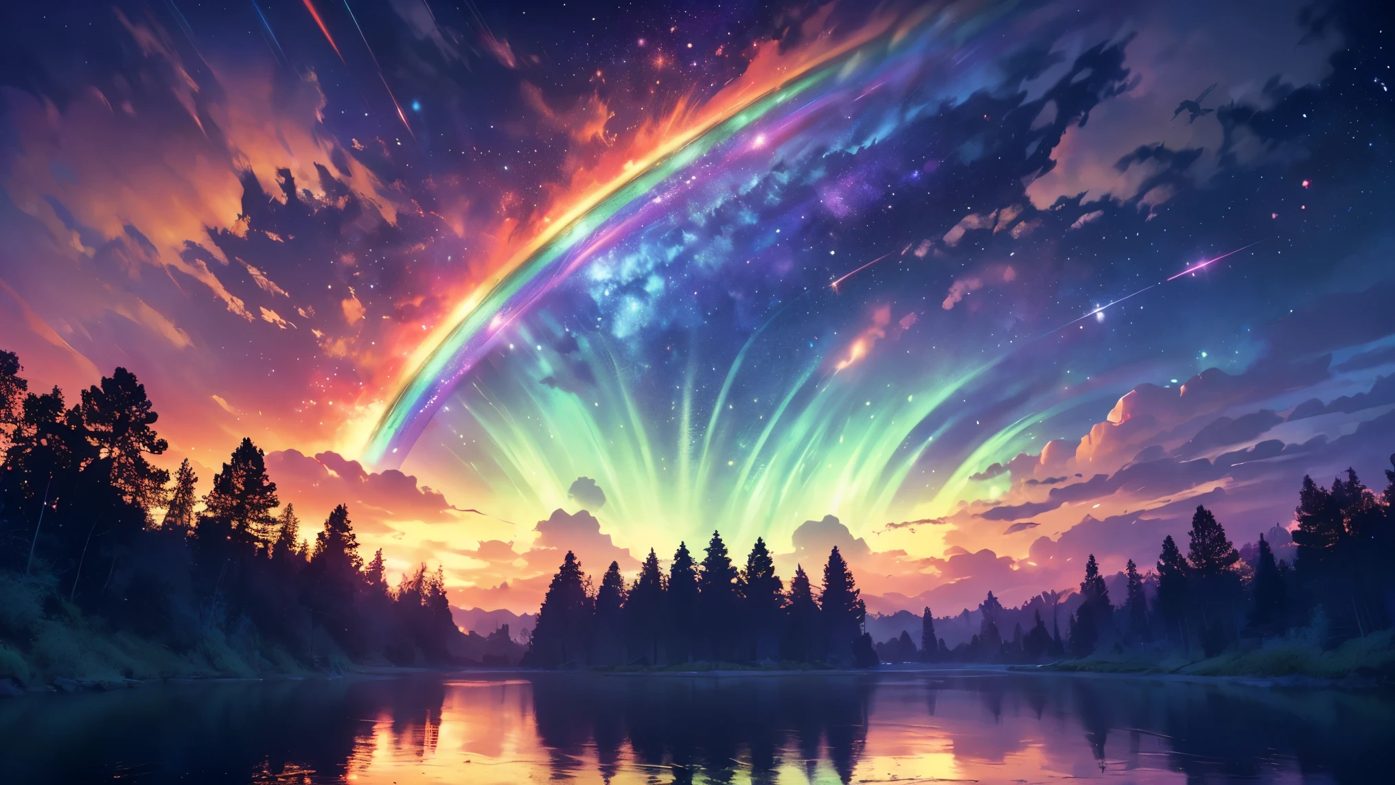 rainbow,超high image quality,high image quality,high quality DVD,Enchanted Mysterious Forest , (Lots of neon colored butterflies),Majestic Atmosphere, Pure blue water river fountain, Golden Mini Fairy, (((emits fluorescent blue, lots of succinants Agave glows))), Extremely beautiful scenery , (Super Real), {Highly Detailed 8k CG Unit Wallpaper}, (Low Perspective Prioritizing the Overall Scene), (Wide々A view of the field ), (low angle shot),(lowlight), (Warm Light Source : 1.0), Intricate Details, (((Seven colors of the rainbow ))), (bright light that emits bubbles), (Atmosphere lighting), nature, Magically Beautiful Scenery, landscape,((Triple Overlapping Rainbows)),