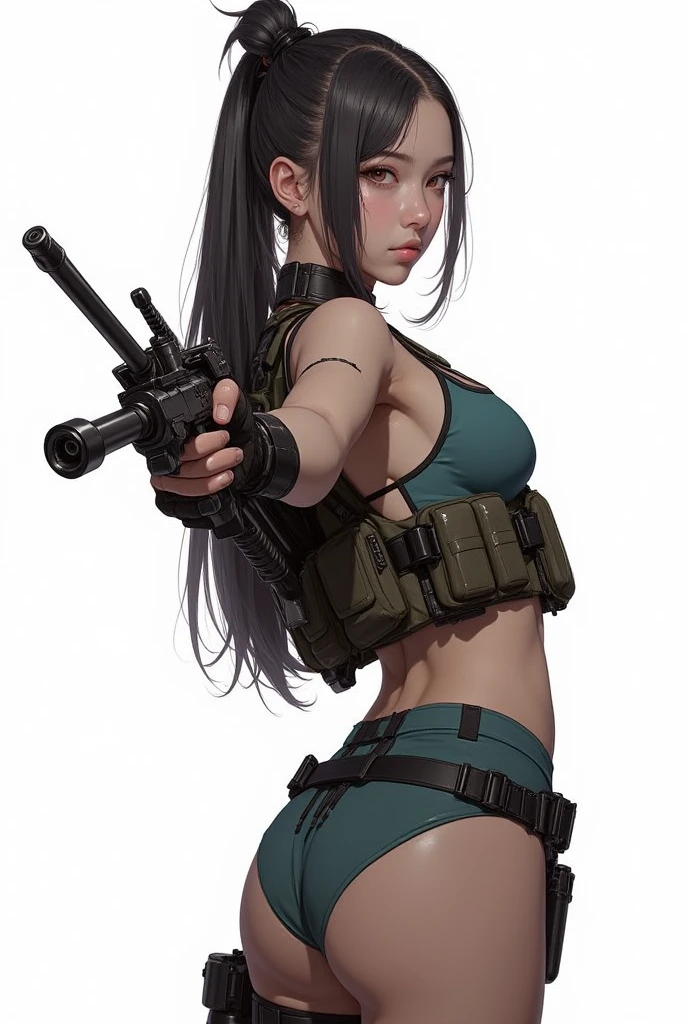Sexy Tifa Lockhart holding a rifle,nsfw, 1girl in, (solo), masterpiece, best quality, 8K, hight resolution, extremely detailed girl, extremely detailed beautiful face, Beautiful skin, shiny skin, perfect anatomy, smile, looking at viewer, beautiful eyes, weapon, assault rifle, holding rifle, breasts, beret, large breasts, belt, military, black hair, cleavage, necktie, camouflage pattern micro bikini, bust shot, tifa lockhart, red eyes, black hair, long hair, tifa red iris, Simple background, single color background,