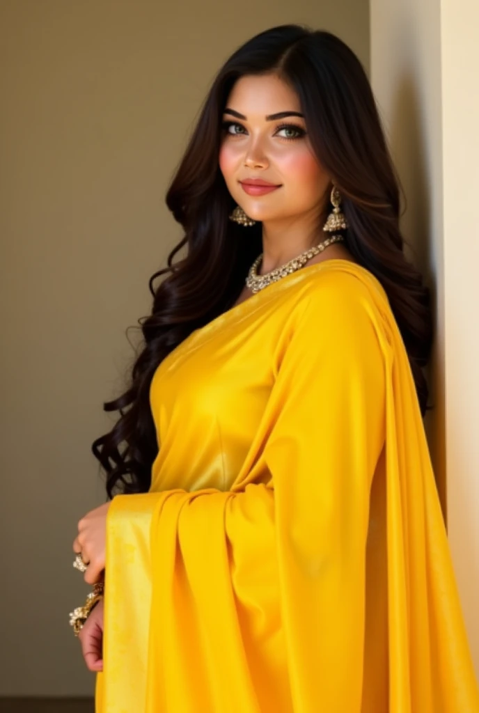 Elegant Indian woman, 8k resolution. Curvy body, high figure with realistic textures. Beautiful, glowing face, detailed makeup with long lashes. Wavy hair, vibrant dress. High-contrast, cinematic style with a mysterious setting.