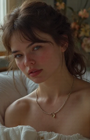 Create a highly realistic image of a 19-year-old virtual influencer named Lila Harper. She is young, with a symmetrical face, harmonious features, large expressive eyes, flawless and glowing skin, and long wavy light brown hair with golden highlights. Lila is posing artistically in a creative setting, such as a studio with interesting lighting and props.