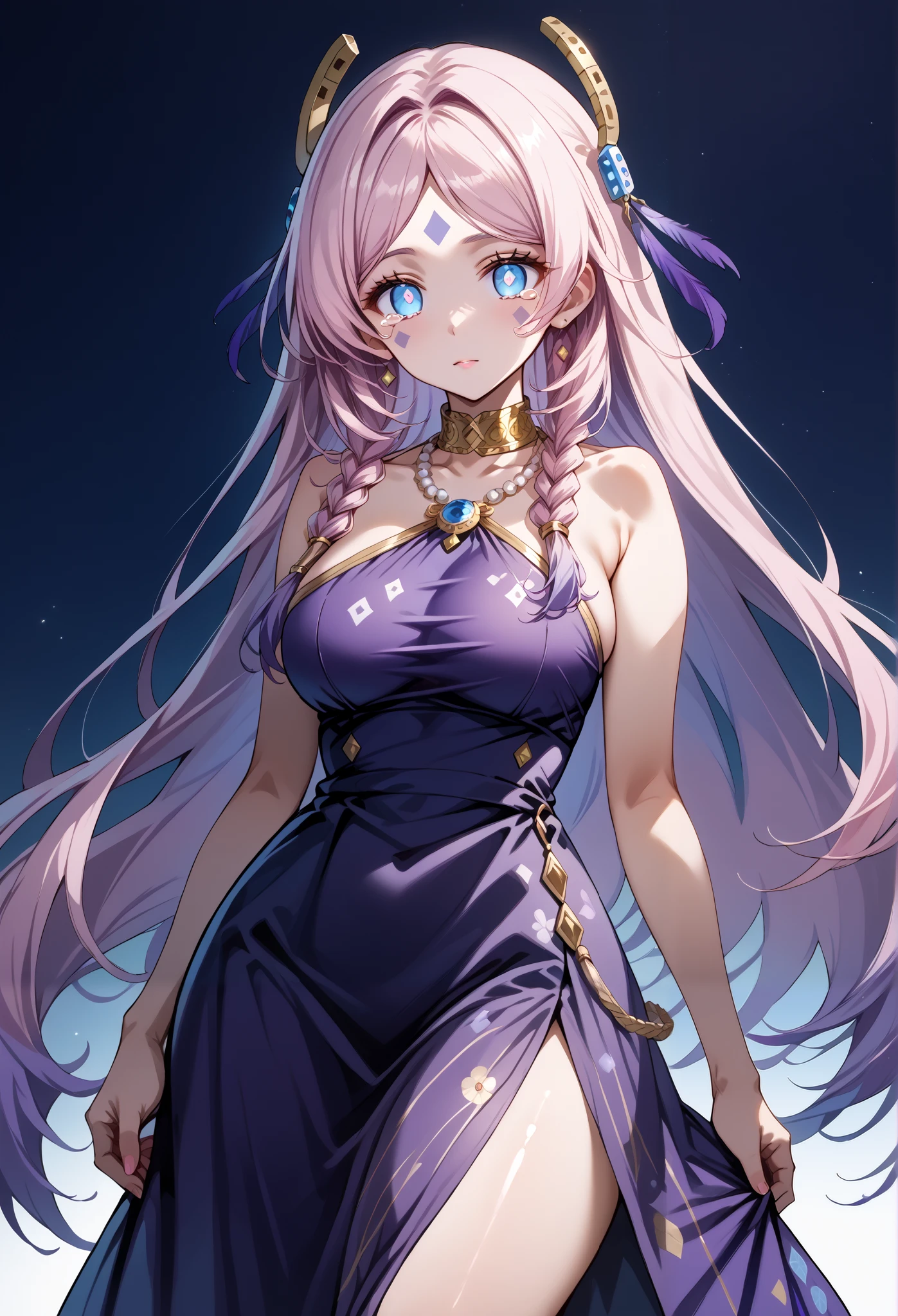 score_9, score_8_up, score_7_up, source_anime, 4K,perfect fingers,(perfect hands, perfect anatomy),prefect lighting, very aesthetic, intricate details,highly detailed background, masterpiece, high quality, best quality,
citlali, blue eyes, bright pupils, facial mark, long hair, multicolored hair, pink hair, purple hair, hair intakes, braid, twin braids, parted bangs, hair ornament,Large Breast
wearing ((purple dress with a gold-colored trim on the neckline, dress a halter-style neckline with a sheer, black-and-gold patterned overlay, gold-colored choker and a pearl necklace are visible, dress's design includes a floral pattern in gold and a slightly embellished collar and bodice, )),,
empty eyes , Walking, ,  bare-skin, the groin,((white plain background)), blank look, solo, crying, 