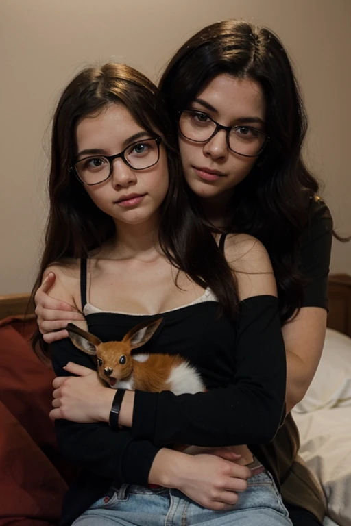 2 white girls with glasses and shoulder length black hair, Nude, on the street, With dog collar
