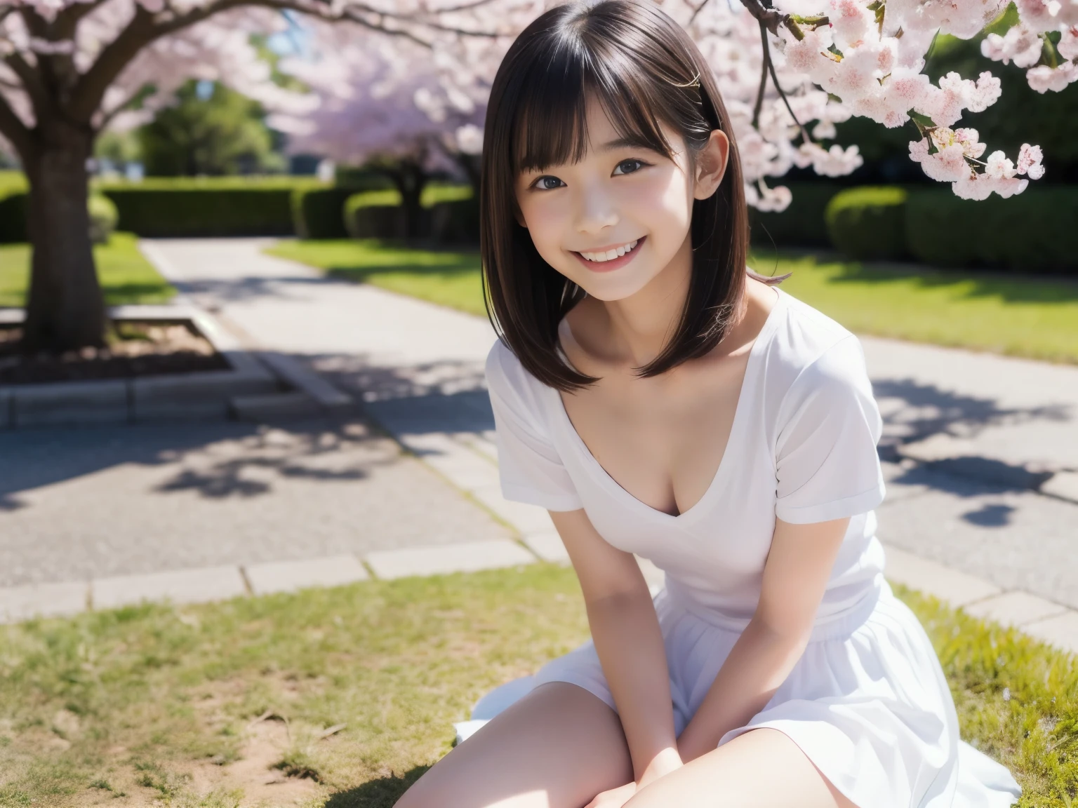 A 20-year-old woman with the cute face of an idol who looks 15 years old.。Gentle and cute。Please smile kindly。She is completely naked、The bust is a little large She is sitting naked on a picnic sheet in a park with cherry blossoms in bloom, next to an elementary school boy. Raw photo real genuine real life Do not display copyright