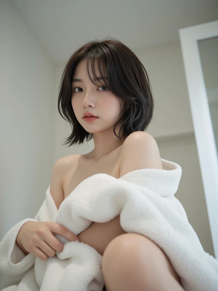 a 20 y.o girl in a black lingerie, short angled bob hair, pale skin, heterochromia eye, mole below eye, thick eyebrows, freckles, huge breast, small waist, wide thighs, thigh gap, on bathroom, ((sitting on the toilet, spread legs)), 8k uhd, dslr, soft lighting, high quality, film grain, Fujifilm XT3,