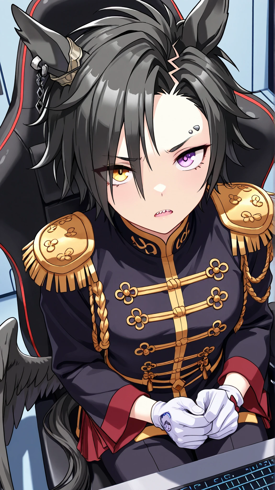air shakur,umamusume
High quality , best quality , masterpiece, High Resolution , detailed face( LoRA: air shakurdef),anatomically correct, detailed hair(LoRA: air shakurdef) ,detailed bangs(LoRA: air shakurdef),anime
coloring
solo, 1 girl, Adult woman, cool woman
airshakurprime, low wings, horse tail, sharp teeth, horse ears, ear ornament, single ear cover, horns, furrowed brow ,heterochromia, purple eyes, yellow eyes,
black jacket, epaulettes, aiguillette, long sleeves, white gloves, black pants, eyebrow piercing, ear piercing
, Small breasts,slender
close up , looking at viewer ,from above,upper body
Server room, gaming chair, personal computer
open mouth, Expressionless