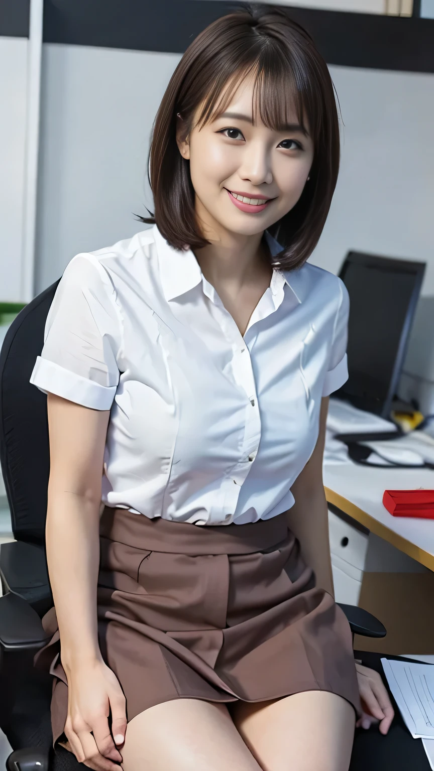 Best Quality, masterpiece, Beautiful Japanese Women, ((30's, Office compatible, tight short skirt))), (((39 years old))), ((Inside the office)), Big Breasts