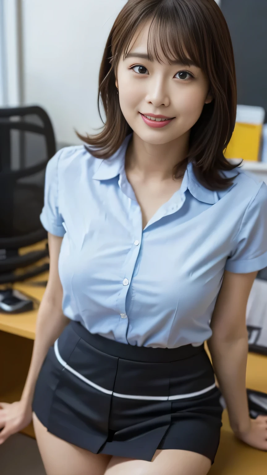 Best Quality, masterpiece, Beautiful Japanese Women, ((30's, Office compatible, tight short skirt))), (((39 years old))), ((Inside the office)), Big Breasts
