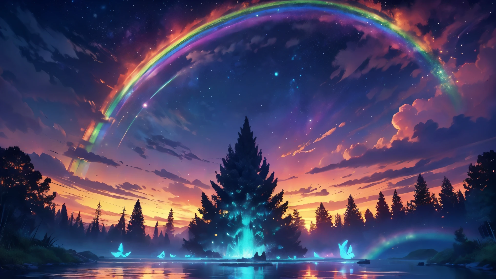 rainbow,超high image quality,high image quality,high quality DVD,Enchanted Mysterious Forest , (Lots of neon colored butterflies),Majestic Atmosphere, Pure blue water river fountain, Golden Mini Fairy, (((emits fluorescent blue, lots of succinants Agave glows))), Extremely beautiful scenery , (Super Real), {Highly Detailed 8k CG Unit Wallpaper}, (Low Perspective Prioritizing the Overall Scene), (Wide々A view of the field ), (low angle shot),(lowlight), (Warm Light Source : 1.0), Intricate Details, (((Seven colors of the rainbow ))), (bright light that emits bubbles), (Atmosphere lighting), nature, Magically Beautiful Scenery, landscape,((Triple Overlapping Rainbows)),